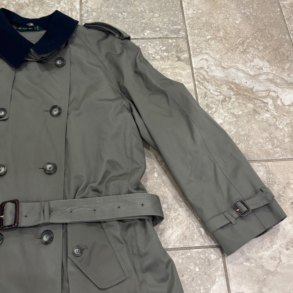 Lauren Ralph Lauren Olive Green Trench Coat with Navy Collar - Picture 6 of 16